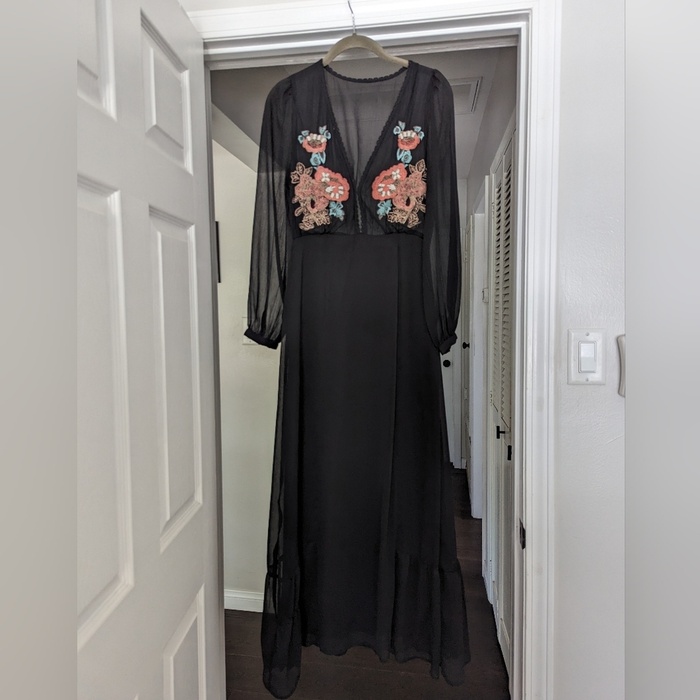 Cloebella long black embroidered dress